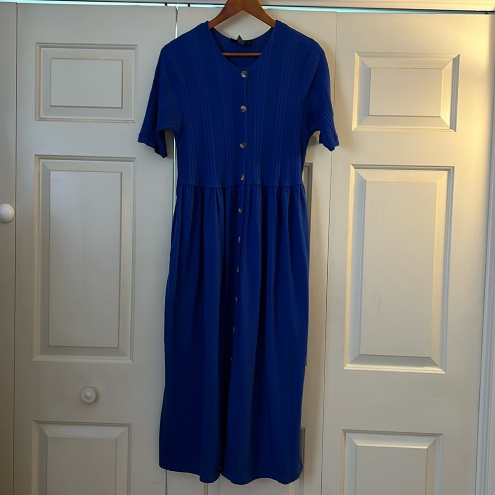 Jacque and Kate poly Cotton knit maxi dress in vivid blue with pockets